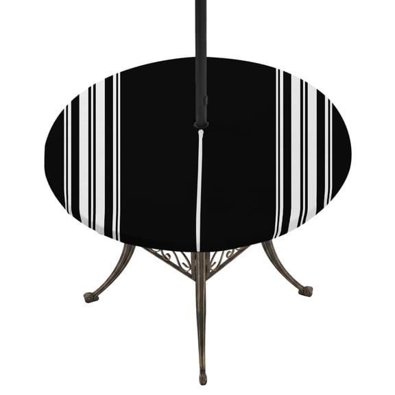 Round Outdoor Tablecloth with Umbrella Hole and Zipper, Black Striped Tablecloth with Elastic Waterproof, Farmhouse Black White Stripes Patio Table Covers for 31" - 35" Picnic Pool Tables