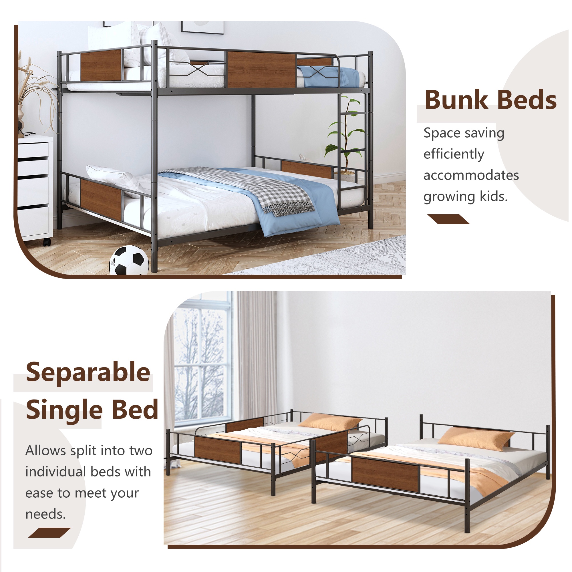 Full Over Full Bunk Beds with LED Lights and Charging Station, UHOMEPRO Metal Bunk Beds for Kids, Low Convertible Bunkbeds Full Size and No Box Spring Needed, Load-Bearing 500lb