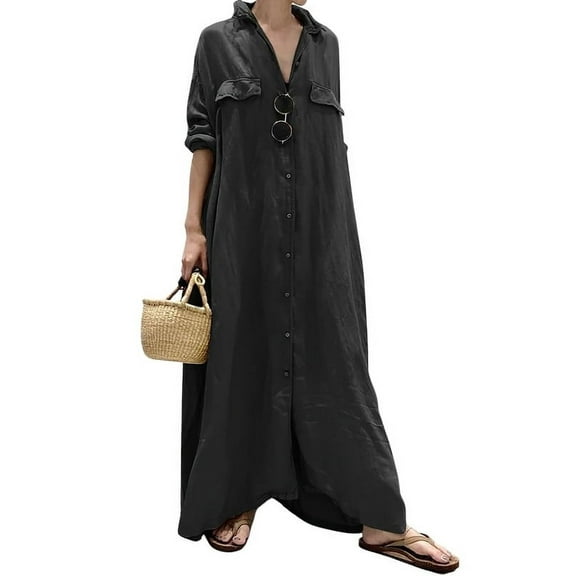 Chouyatou Women's Casual Long Sleeve Maxi Shirt Dress Loose Fit Cotton Button Down Swing Long Dress