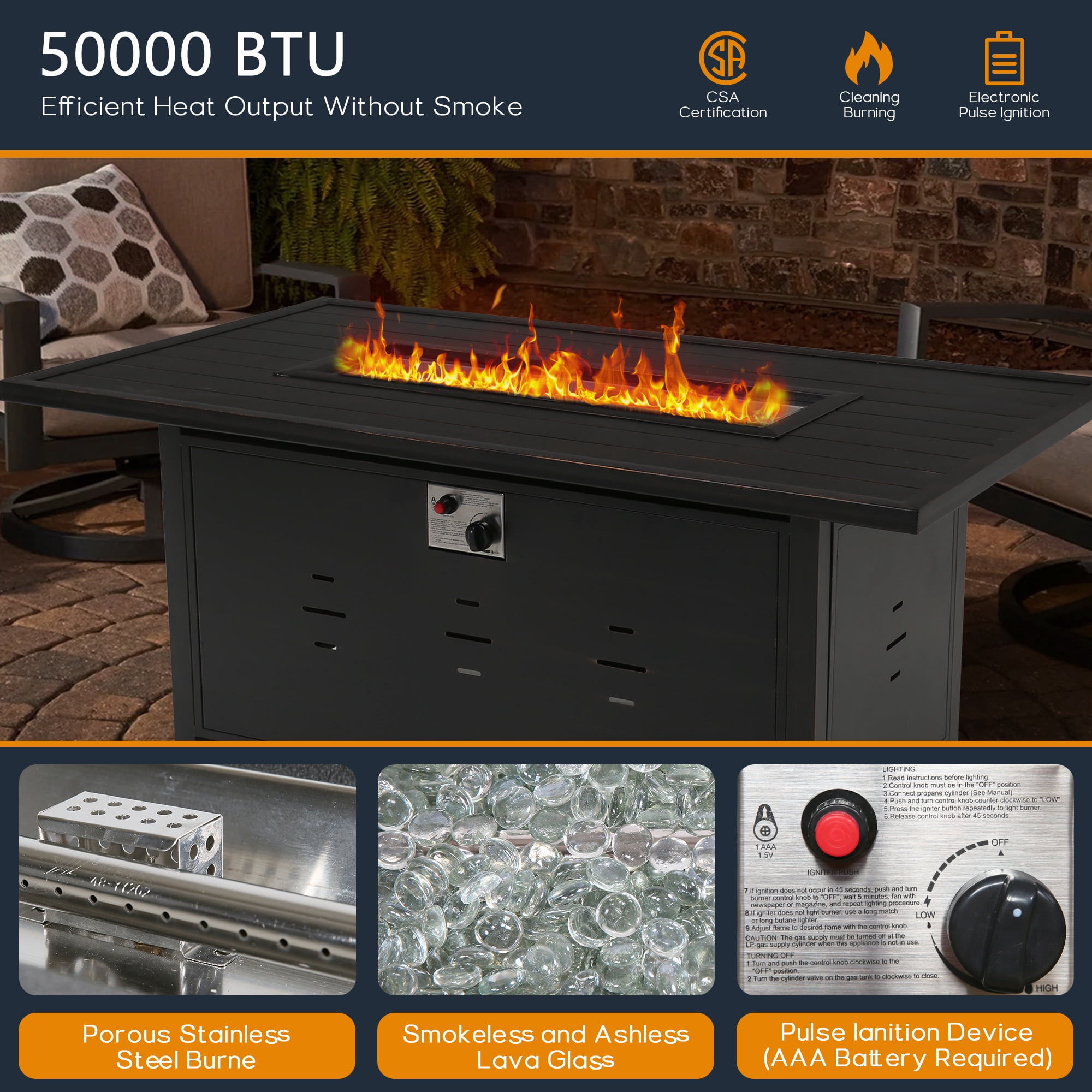 Ulax Furniture 55.25'' Rectangular Propane Gas Fire Pit Table 50,000 Btu Heater Outdoor