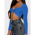 thumbnail image 3 of Roaso Women's Sexy Twist Front Crop Top Slim Fit Long Sleeve V-neck Tops, 3 of 6