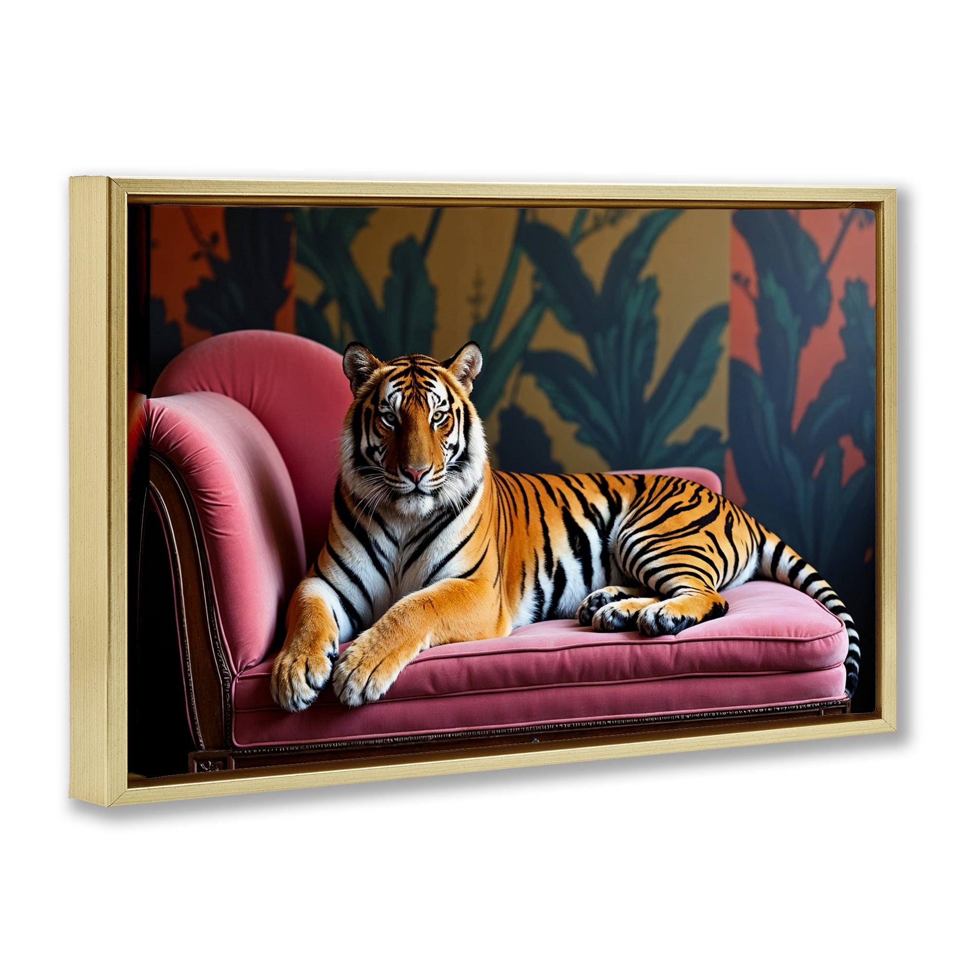 Exotic Tiger Lounging Gold Framed Floater Canvas Wall Art, design by Lettered and Lined