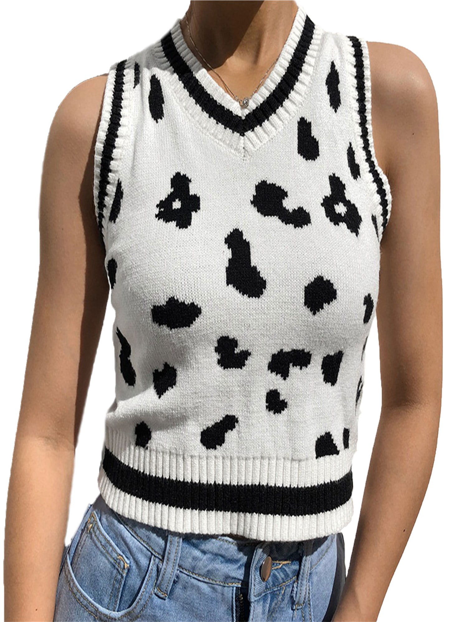 Seyurigaoka Seyurigaoka Women’s Sweater Vest Cow Print Sleeveless V Neck  Rib Knit Pullover Crop Top