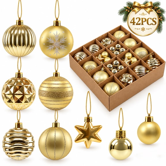 Christmas Tree Ornaments, Decorations Set Gold Christmas Balls, 42PCS