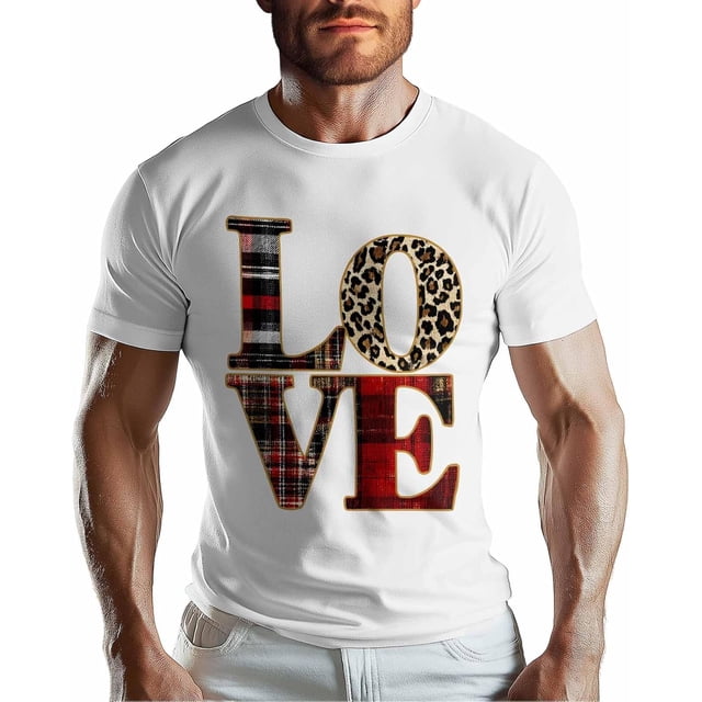 T-Shirts for Men, Valentine's Day Love Text Crew Neck Cotton T-Shirt Men's Short Sleeve Leopard Buffalo Plaid Love