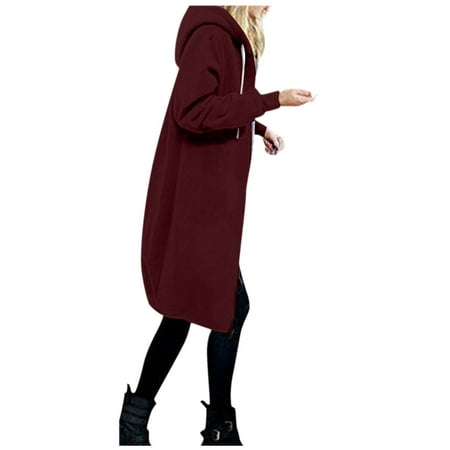 

koaiezne Ladies Casual Solid Full Zip Hooded with Drawstring Long Sleeve Pocket Long Coat Outwear Work Home Jacket Fleece Jackets with Hood Women Fleece Lined Scrub Jackets for Women