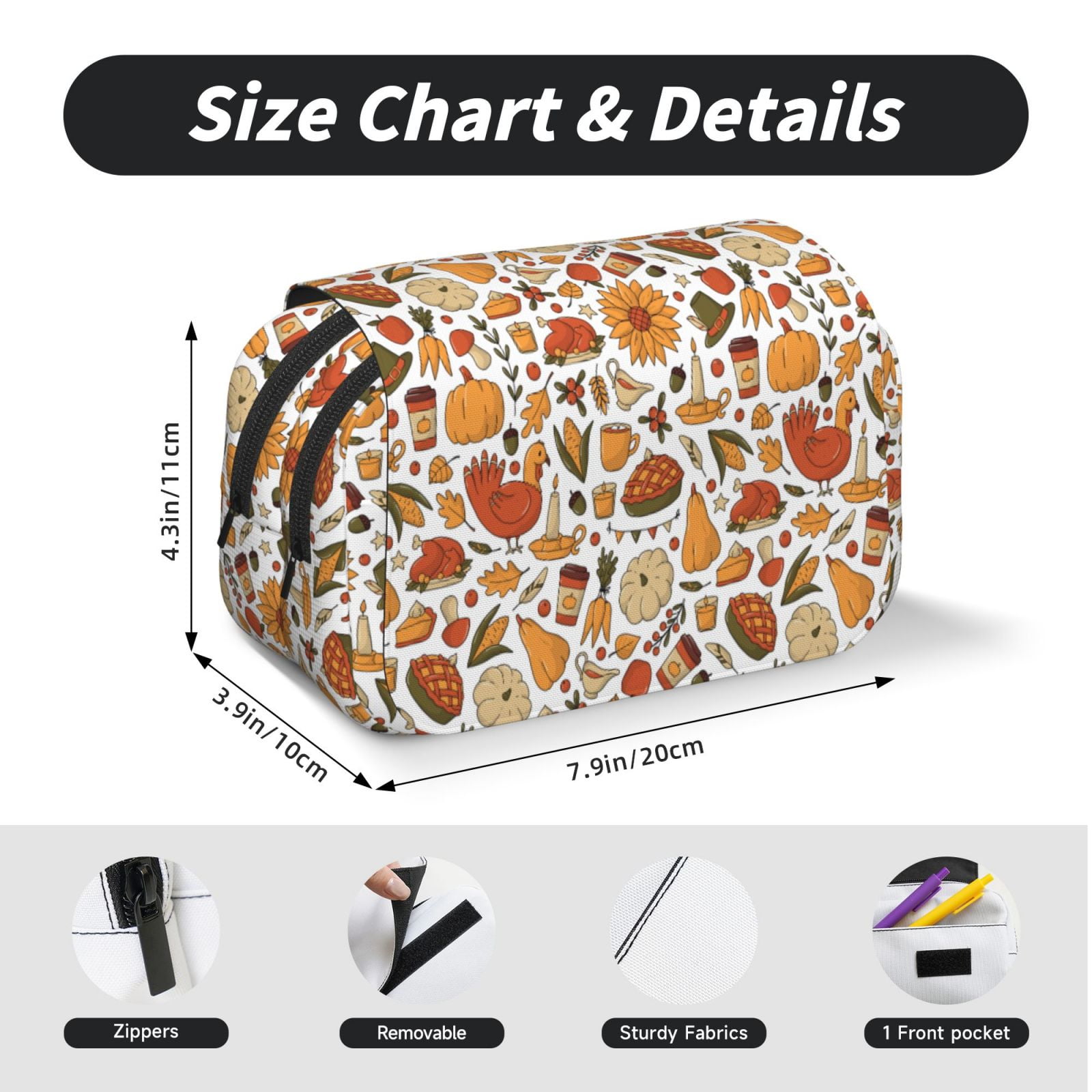 Rateoe Thanksgiving with Food Pattern Double Clamshell Pen Case, Storage Organizer with Two Zipper Compartments– Holds Up to 50 Pencils & Pens