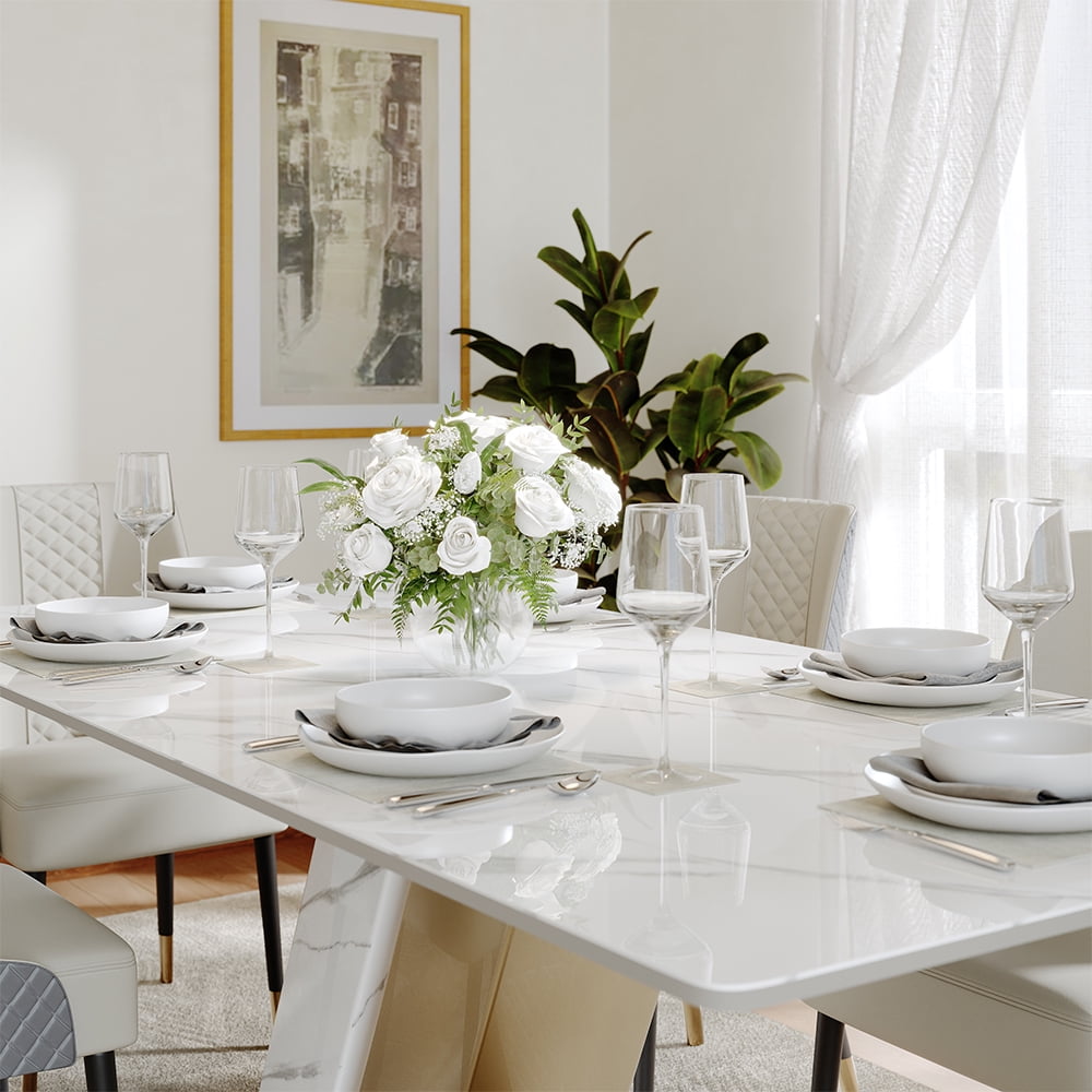 POVISON 71" Modern Luxury White Rectangular Dining Table with Glossy Sintered Stone Tabletop, White and Gold Z-shaped Stainless Steel Base