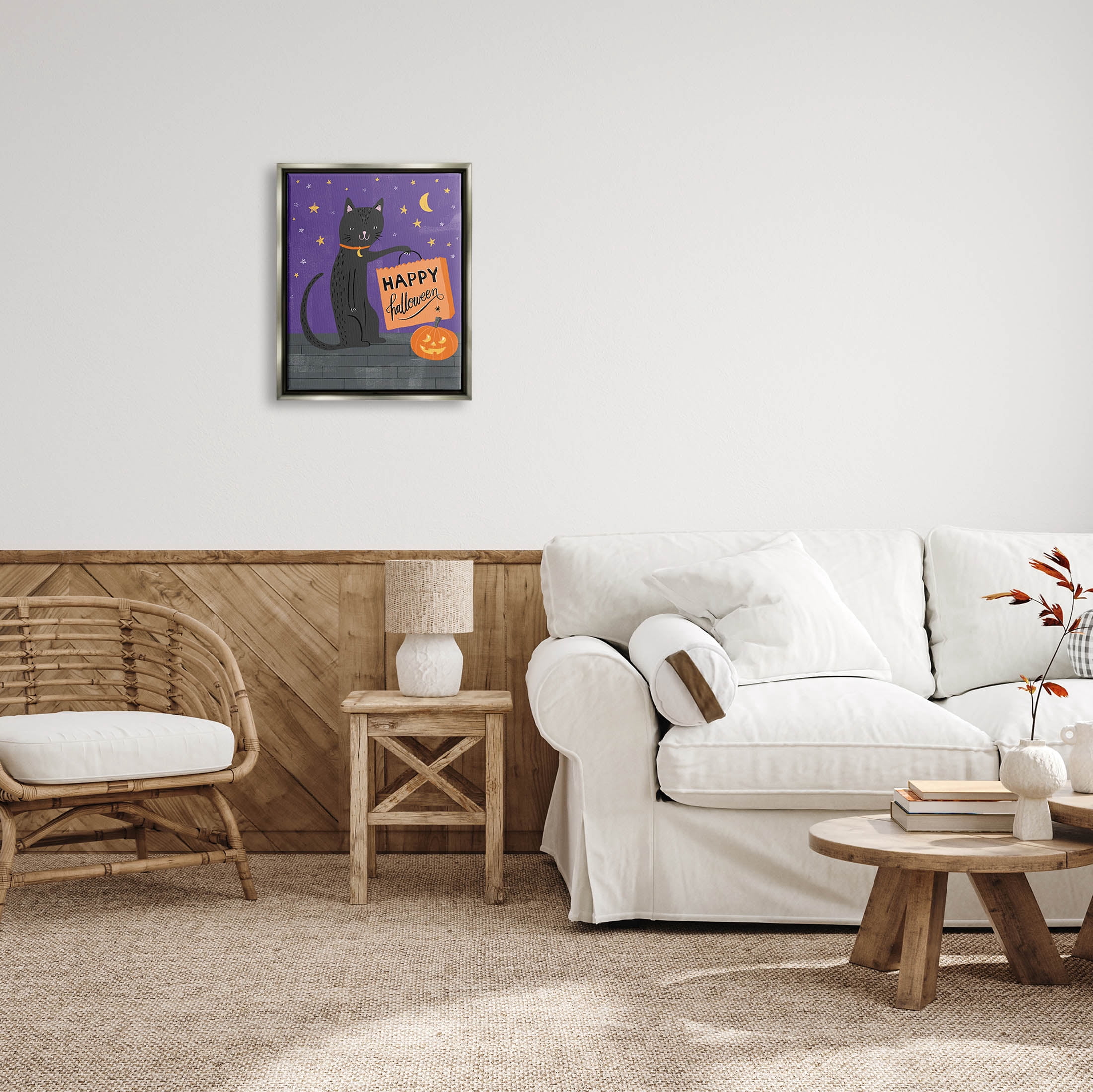 Stupell Industries Happy Halloween Black Cat Graphic Art Luster Gray Floating Framed Canvas Print Wall Art, Design by Amanda McGee