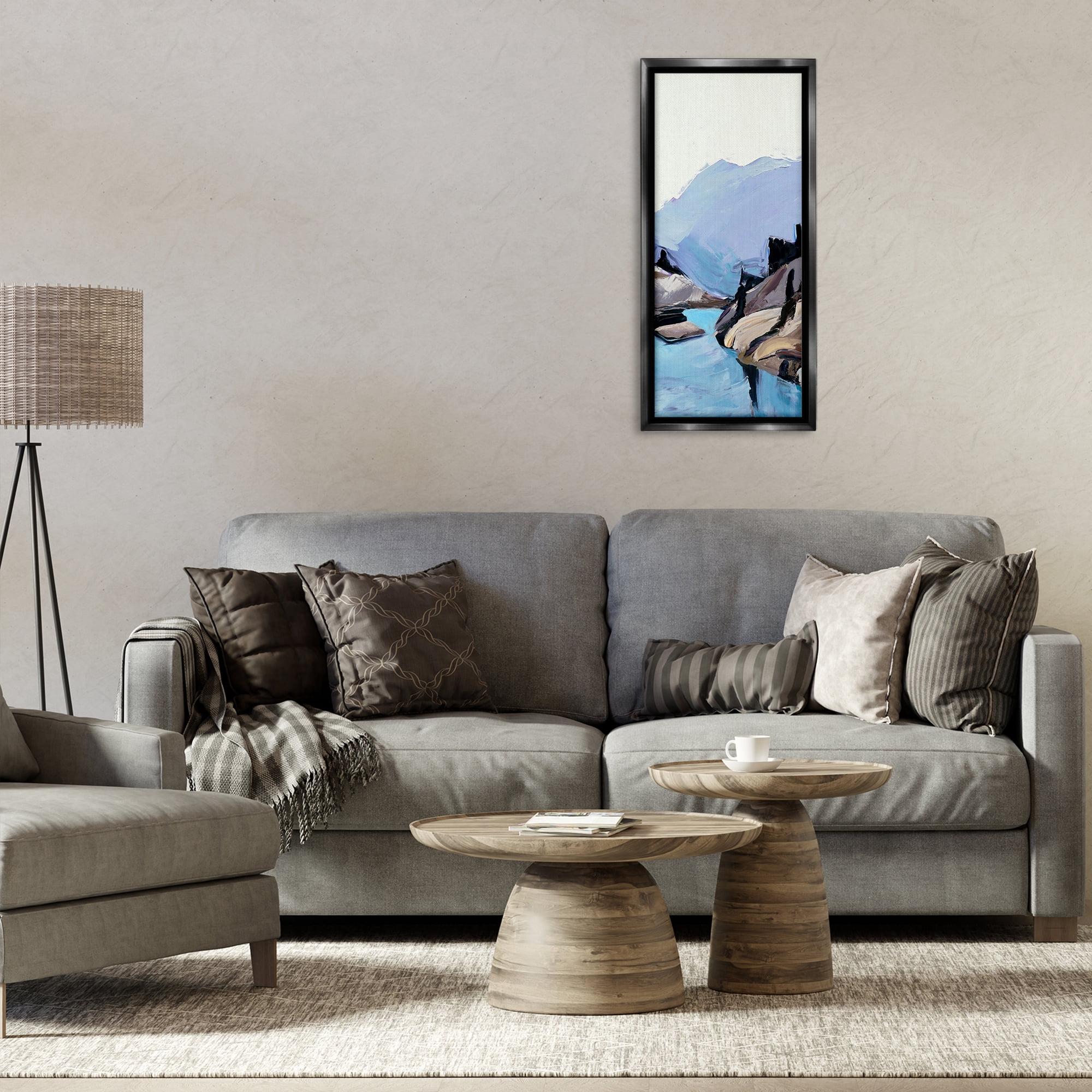 Stupell Industries Mountain River Abstraction Landscape & Nature Painting Black Floater Framed Canvas Art Print Wall Art, 14 x 31