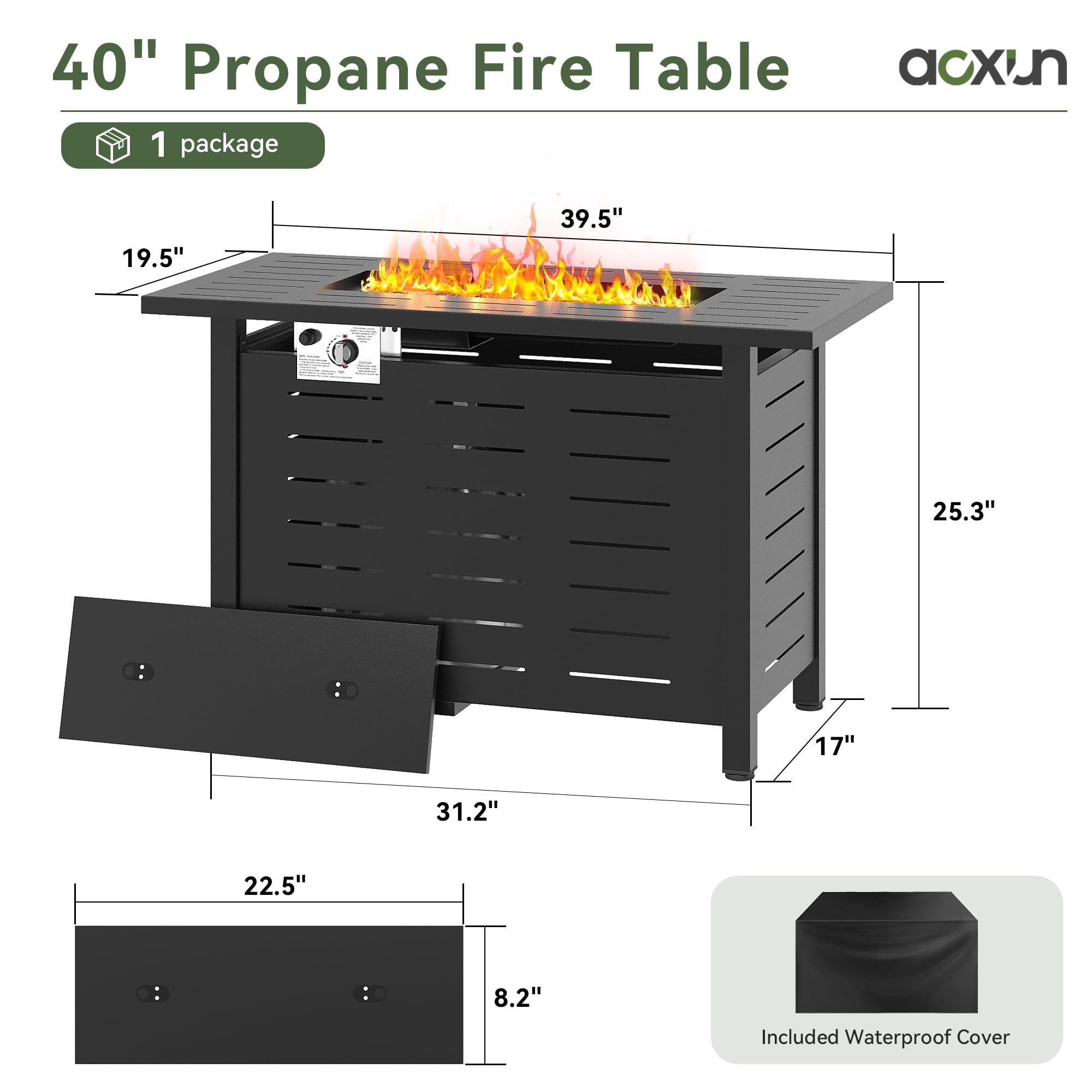 Aoxun 44" Propane Fire Pit Table, 50,000 BTU Auto Ignition Steel Gas Fire Pit with Removable Lid & Waterproof Cover for Patio, Backyard, Black