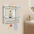 thumbnail image 5 of Wall Mount Bathroom Shelf with 2-Tier Tempered Glass, Stainless Steel Storage Organizer Rack with Towel Bar & 4 Hooks, 44 lbs Load Capacity for Shampoo Soap Towels, Adhesive or Drill Mounting, Silver, 5 of 9