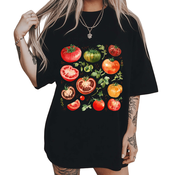 Summer Garden Tomato Varieties Print Tshirt Black S-5XL Vibrant Graphic Tees Shirts Tops