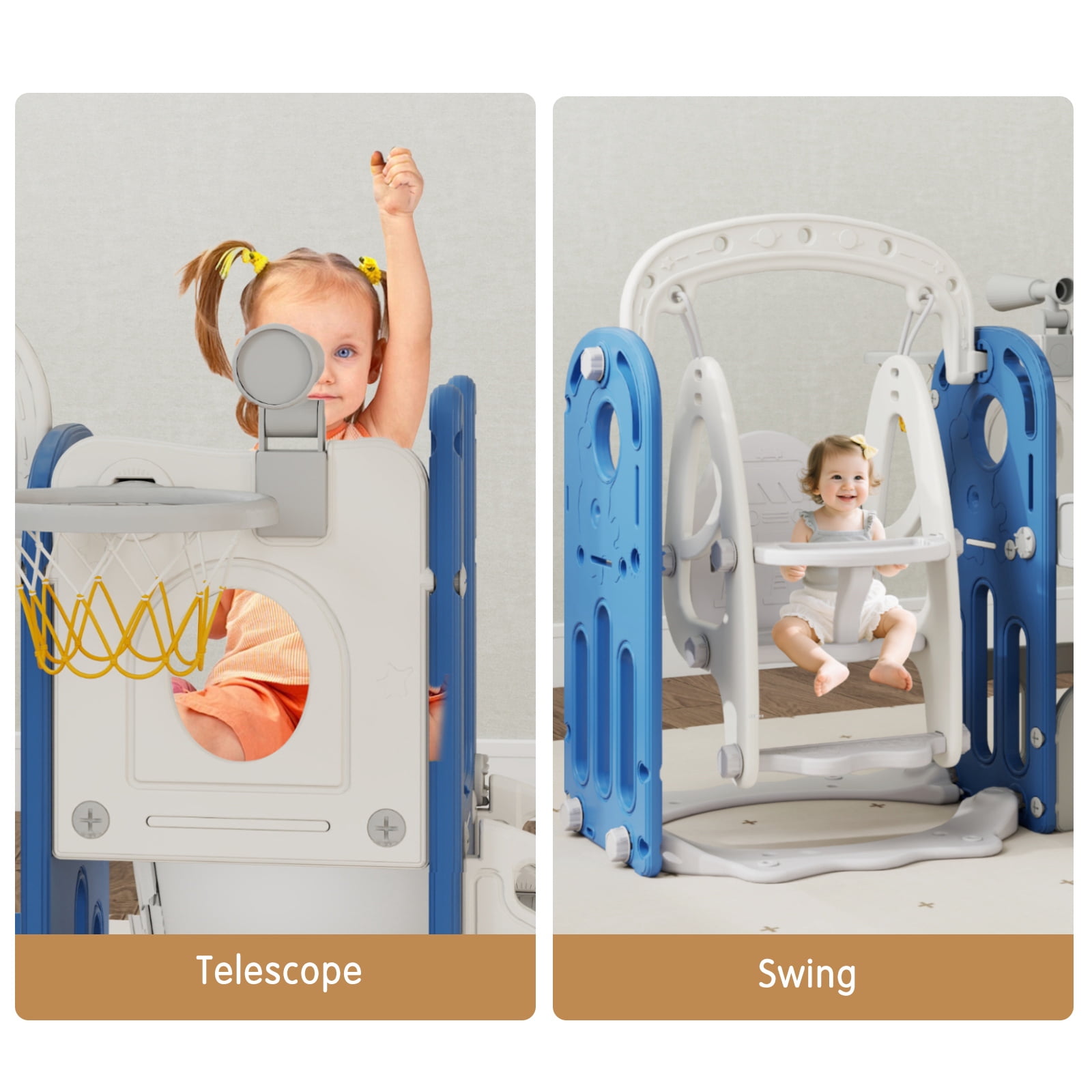 Kinsuite 7-in-1 Toddler Swing & Slide Set - Kids Slide for Toddlers 1-3 with Basketball Hoop, Swing, Ball, Storage Space & Telescope, Indoor & Outdoor Playground Playset (Blue)