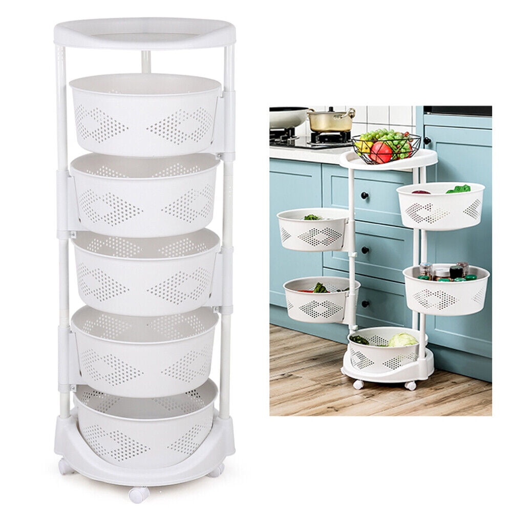 5 Layer Rotating Fruit and Vegetable Baskets - Storage Basket Kitchen Rotating Organizer Rack Fruit Vegetable Storage Rack W/ Wheels