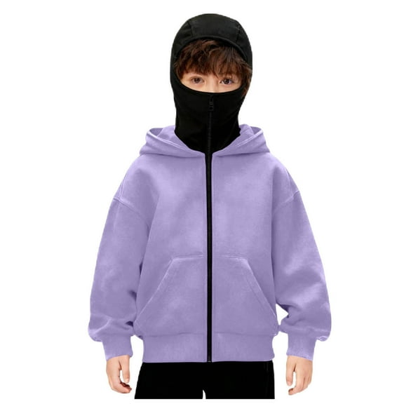 Bosanter Boys Balaclava Hoodie Zipper Full Zip Front Built-In Mask Winter Running Cycling Outdoor Workouts Athletic Cold Gear, Purple 14-15Y