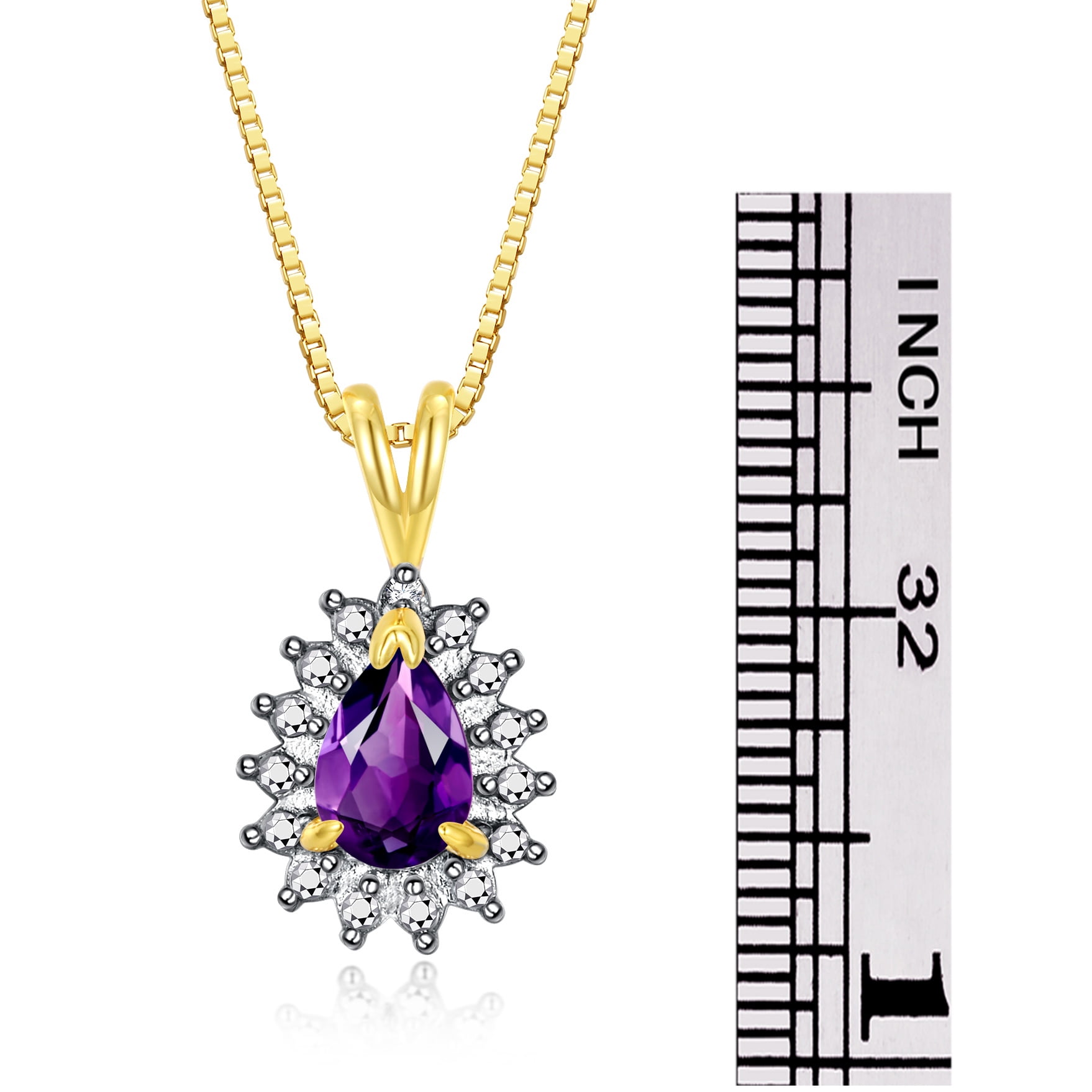 Rylos 14K Yellow Gold Halo Pendant Necklace: 6X4MM Tear Drop / Pear Shape Amethyst & Sparkling Diamonds -  18" Chain Exquisite Birthstone Jewelry