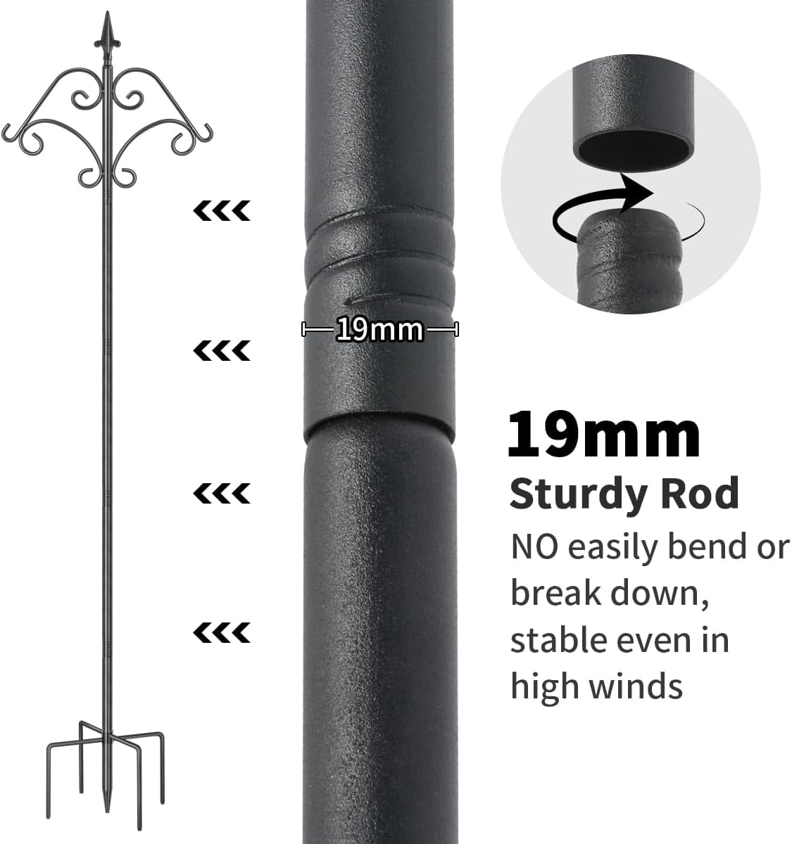 KOLAKO Bird Feeding Station,195cm Tall Bird Feeder Pole Stand, Heavy Duty Garden Shepherds Hook Black, 76 inch