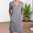 thumbnail image 3 of tasrioml Women's Cotton Linen Shirt Dress Summer Short Sleeve V Neck Midi Dress Casual Shift Dress with Pockets, 3 of 8
