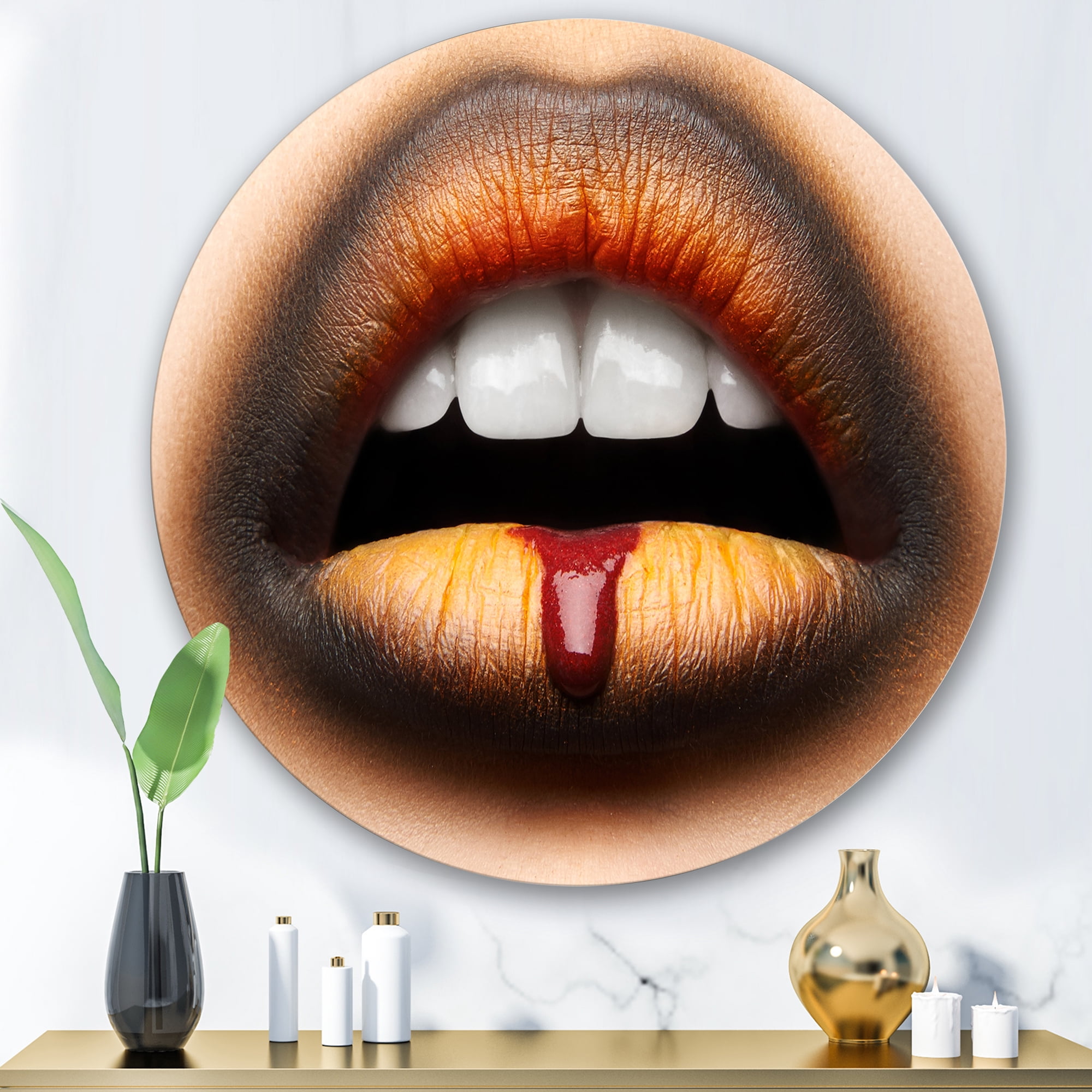 Designart 'Woman Lips With Black & Orange Lipstick' Modern Circle Metal Wall Art 36x36 - Disc of 36