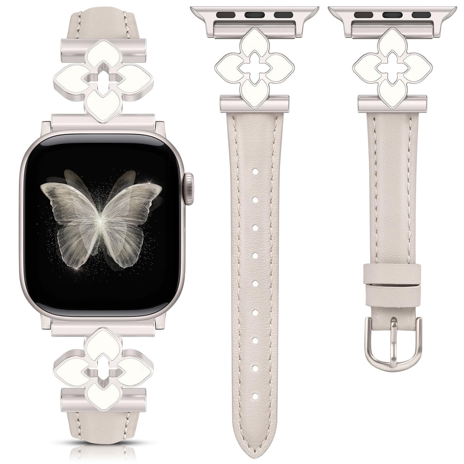 Wearlizer Slim Leather Watch Band Compatible with Apple Watch Bands 38/40/41/42/44/45/46/49mm Women Flower Charm Strap for Iwatch Series 11/10/9/8/7/6/5/4/SE/Ultra