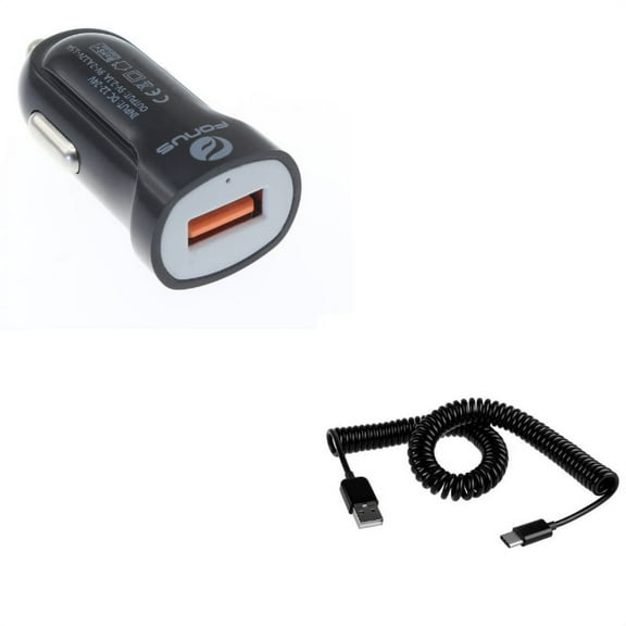 Type-C Coiled USB Cable w Fast USB Port 18W Car Charger Q1M for Acer Liquid Jade Primo - Alcatel PulseMix, 7, Idol 5S 5 4S - ASUS Zenfone V Live, ROG Phone, AR 6 5z 4 Pro - Blackberry Motion