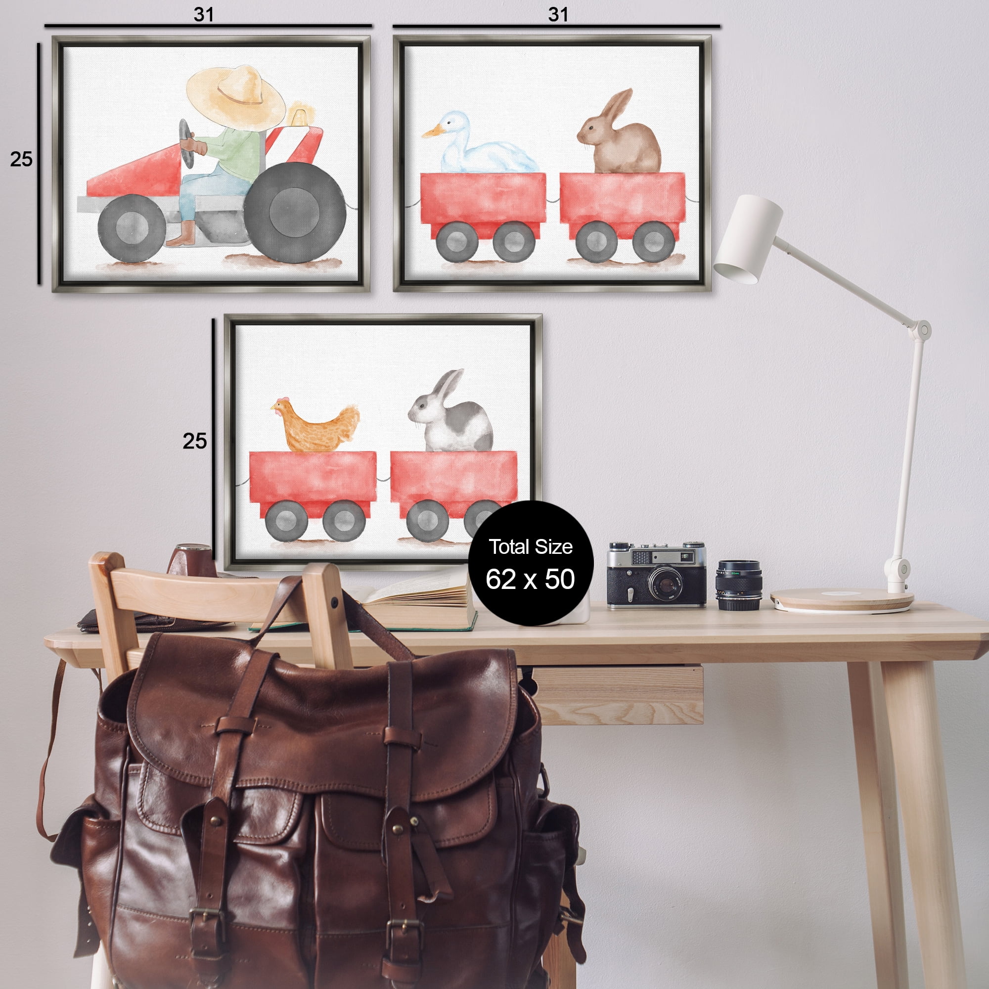 Stupell Industries Farmhouse Tractor Animals Transportation Painting Gray Floater Framed Canvas Art Print Wall Art, 31 x 25, Set of 3