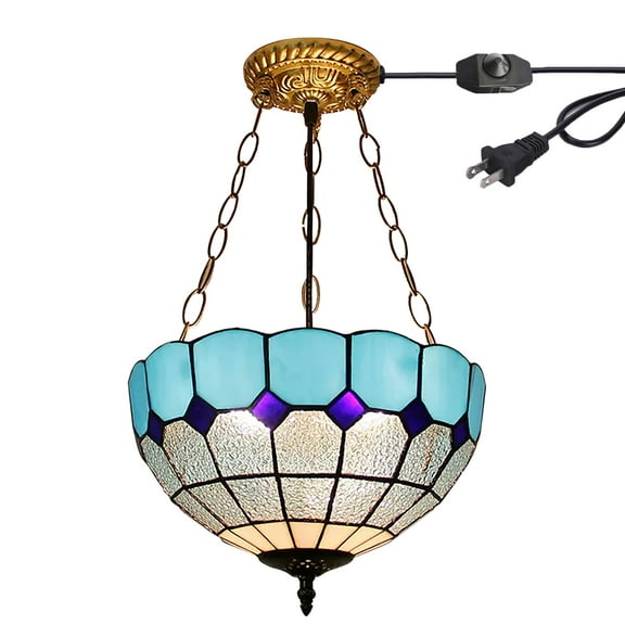 Kiven 11.8in Flush Mount Ceiling Light Fixture Dimmable, 3-Light Anti Glare Close to Ceiling Light with 15FT Plug-in Cord, Tiffany-Style Glass Chandelier for Bedroom Kitchen Hallway(No.3226-BL)