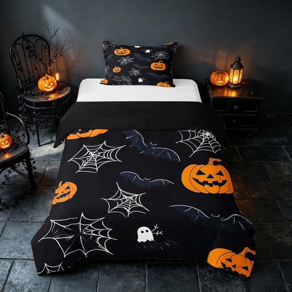 Homewish Halloween Ghost Bat Twin Duvet Cover, Spider Web Pumpkin Twin Bedding, Black Orange, Black Reversible 2pcs, 1 Duvet Cover and 1 Pillowcase