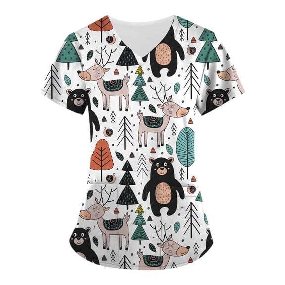 Scrub Tops Women Short Sleeve V-Neck Holiday Printed Medical Nurse Uniforms Scrub Tops Shirt with Pockets