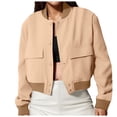 thumbnail image 1 of PEASKJP Womens Cropped Bomber Jacket Button Down Varsity Jackets Shackets With Pockets(Khaki,S), 1 of 5