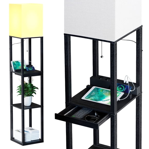 Lámpara de pie SUNMORY con estantes, cajón, USB y tomas de corriente