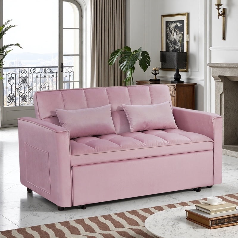 BSHTI 54" Pull-Out Sleeper Sofa Bed, Twin Size with Solid Wood Frame, 3-Position Reclining Back, Velvet Upholstery with Piping, Side Pocket Storage, 2 Pillows Included,Pink