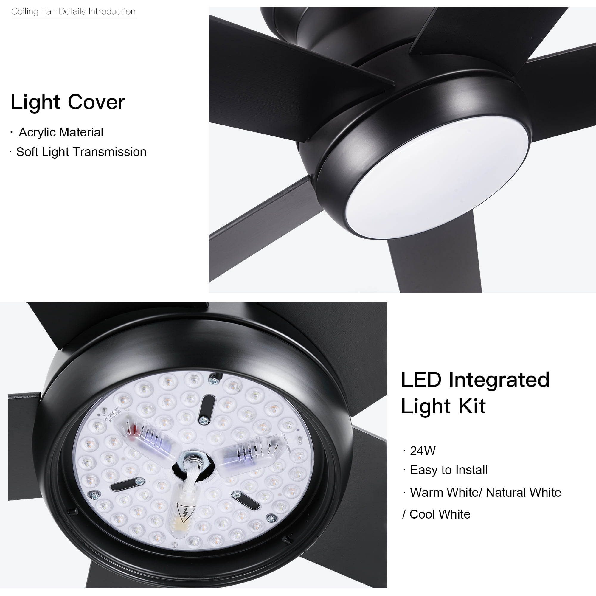 Leumius 52" Matte Black Lowe Profile Ceiling Fan with Dimmable 3CCT LED Light,Modern Ceiling Fan for Living Room Bedroom