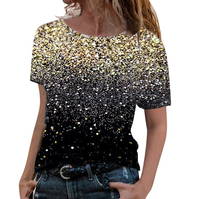 Outfmvch T-Shirts pour Femmes T-Shirt Décontracté Manches Courtes Col à Revers Imprimé Paillettes Ample Rond Hauts Multicolores