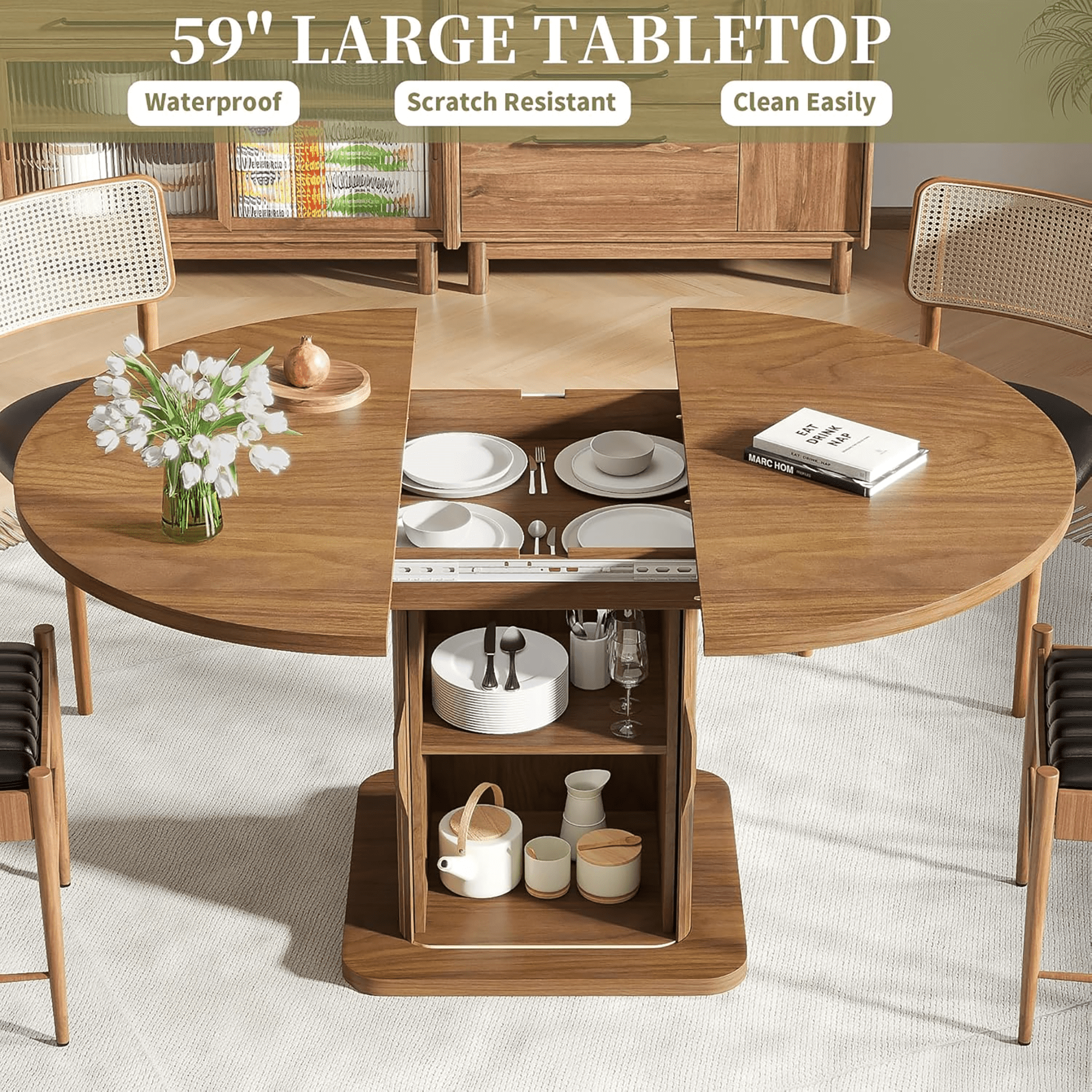 Round Dining Table for 4-8, 43.3''-59'' Extendable Kitchen Table Dinner Table with 2-Layer Storage Shelf and Wood Slide Door for Home Living Room, Walnut