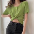thumbnail image 2 of Camisa de mujer con botones, suéter de punto fino, camiseta informal de manga corta suave, verde Speravity AP001278-05B, 2 of 7