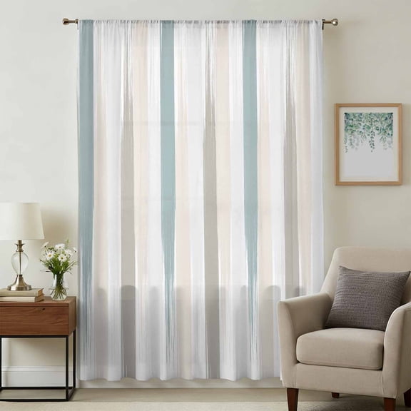 Teal Beige Brown Sheer Curtains 96 Inches Long, Modern Oil Painting Striped Abstract Art Light Filering Curtains, Privacy Drapes Simi Floor to Veiling Curtain for Living Room Large Window Treatment