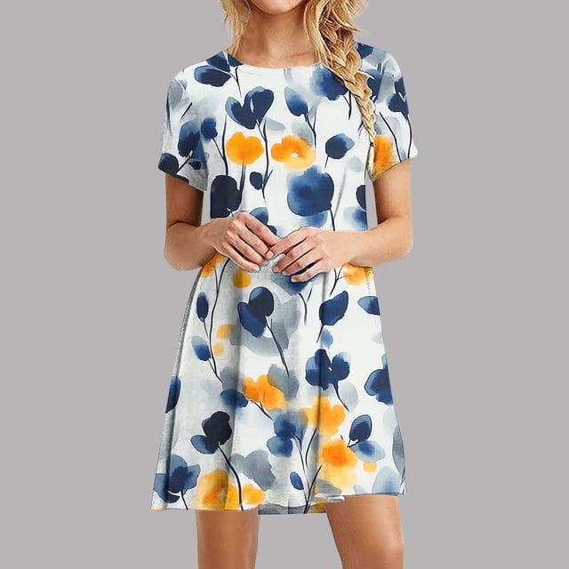 Été jusqu'à 65 % de Rabais Iumwxz Robe à Col Rond à Manches Courtes pour Femmes Tendance Ligne A Décontractée Plissée Robe Courte Robes à Imprimé Floral Robes Midi pour Femmes Robe Décontractée pour Voyage