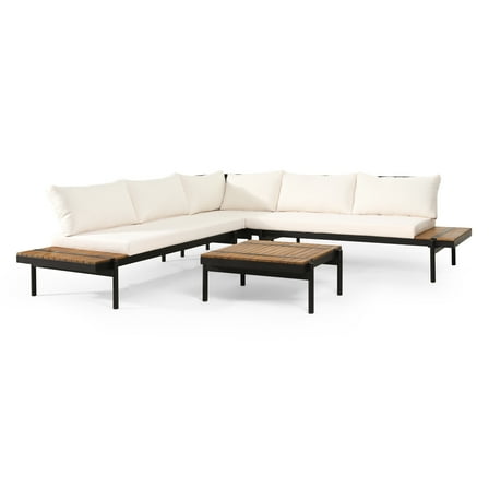 Sardis Acacia Wood Outdoor 5 Seater Sectional Sofa Set with Water Resistant Cushions, Teak, Black, and Cream