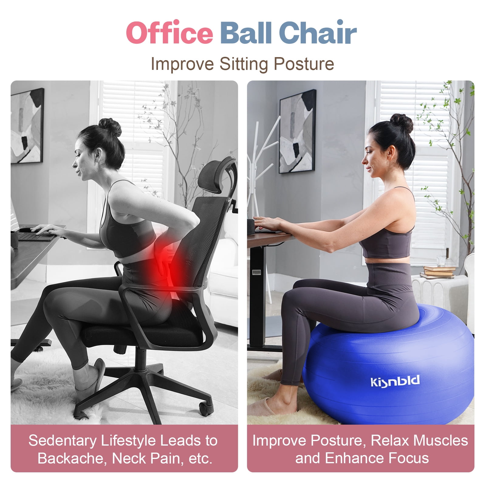 kisnbld Exercise Ball, Extra Thick Yoga Ball with Pilates Bal & Foot Pump, 3 Sizes Anti-Burst Home, Gym & Office Workout Equipment for Yoga or Sitting