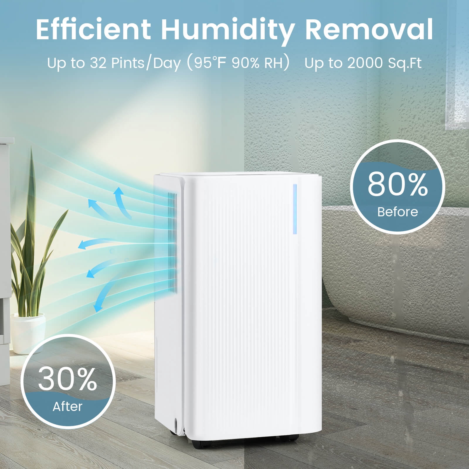 Costway 9 Pints(DOE) Dehumidifier for Home 2000 Sq.Ft Portable Dehumidifier for Bedroom 2000 sq.ft Coverage Area (MAX 32Pint at 95°F, 90%RH)