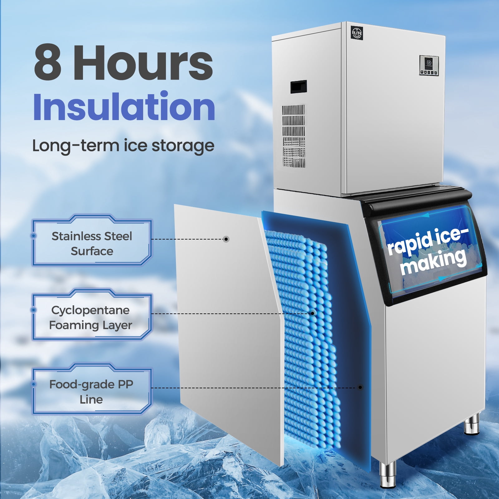 NSF 660 Lb. Daily Production Cube Ice Freestanding Ice Maker, Built-In Ice Maker, Commercial Ice Machine