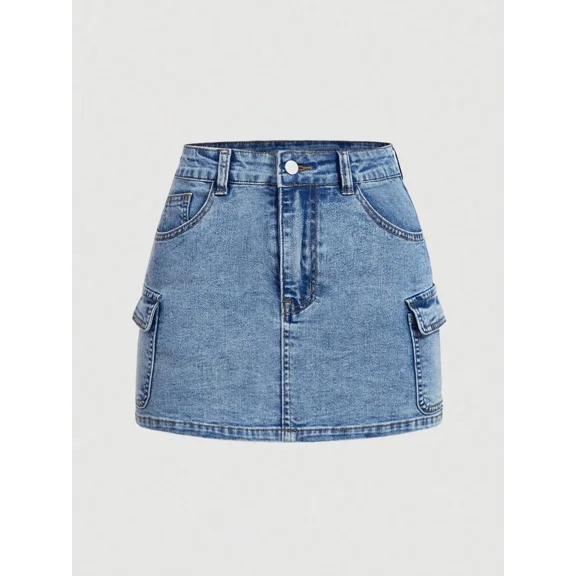 Womens Medium Wash Denim Mini Skirt With Cargo Flap Pockets And Button
