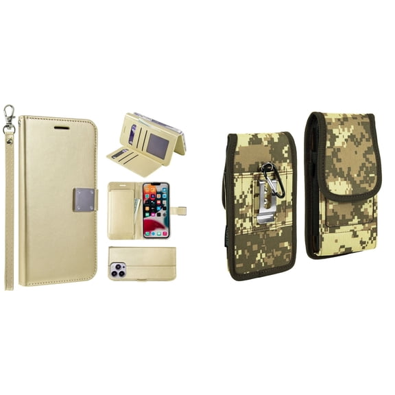 Bemz Pocket Clutch Wallet Case and Belt Holster Pouch for iPhone 14 Pro Max (Gold/ACU)