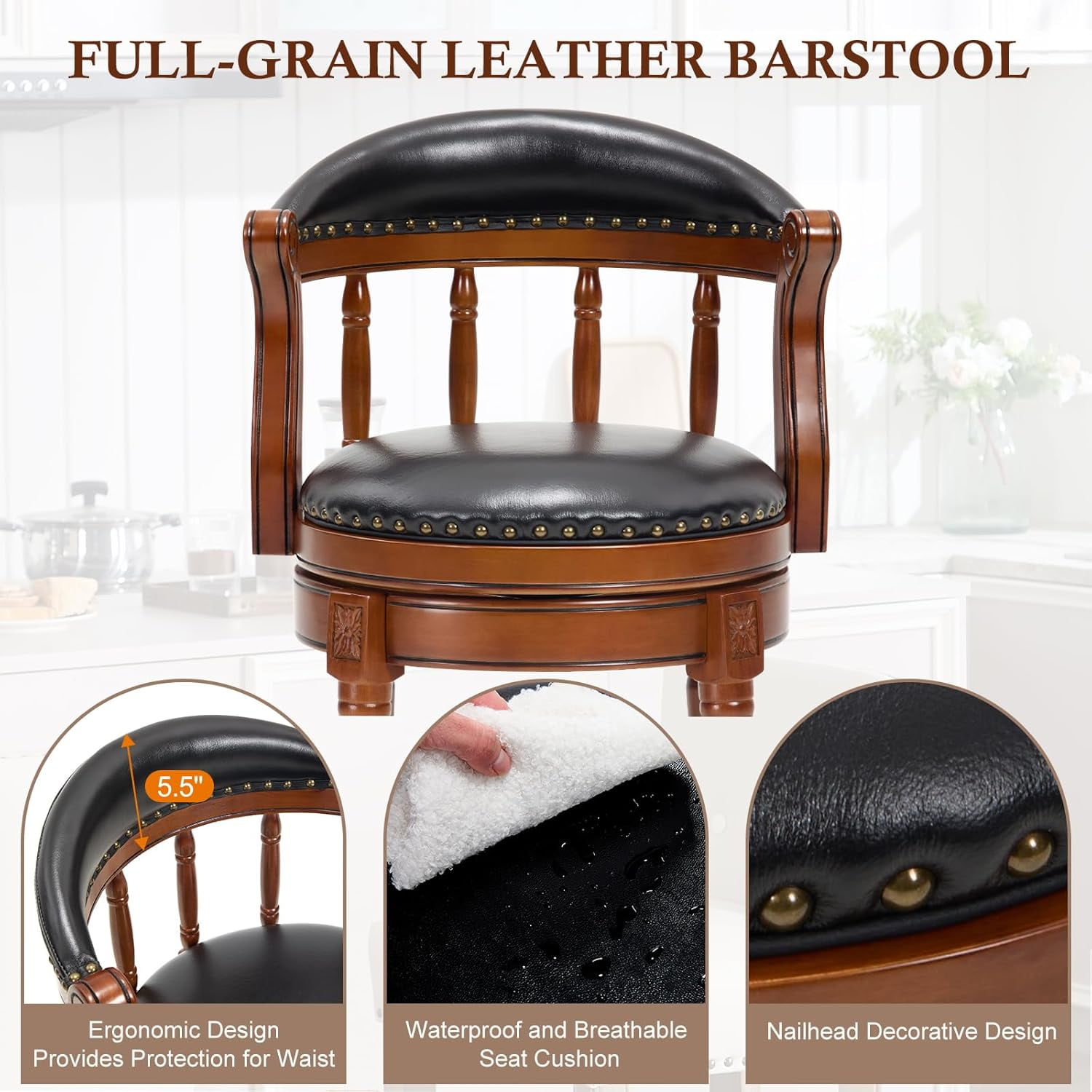 AULIFE Bar Stools Mid-Back Modern Swivel Barstools,Kitchen Counter Genuine Leather Upholstered Island Barstool with Footrest for Home Kitchen Dining Room