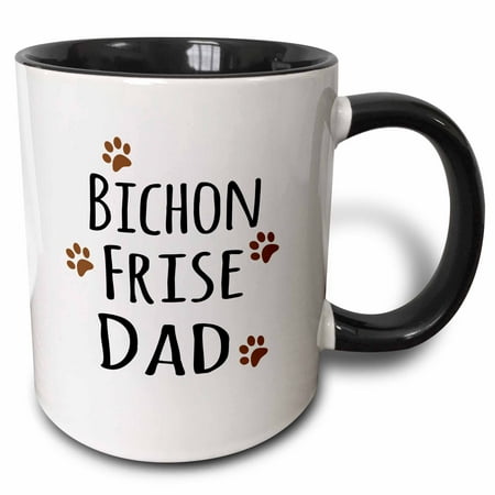 3dRose Bichon Frise Dog Dad - Doggie by breed - brown muddy paw prints - doggy lover - pet owner love - Two Tone Black Mug,