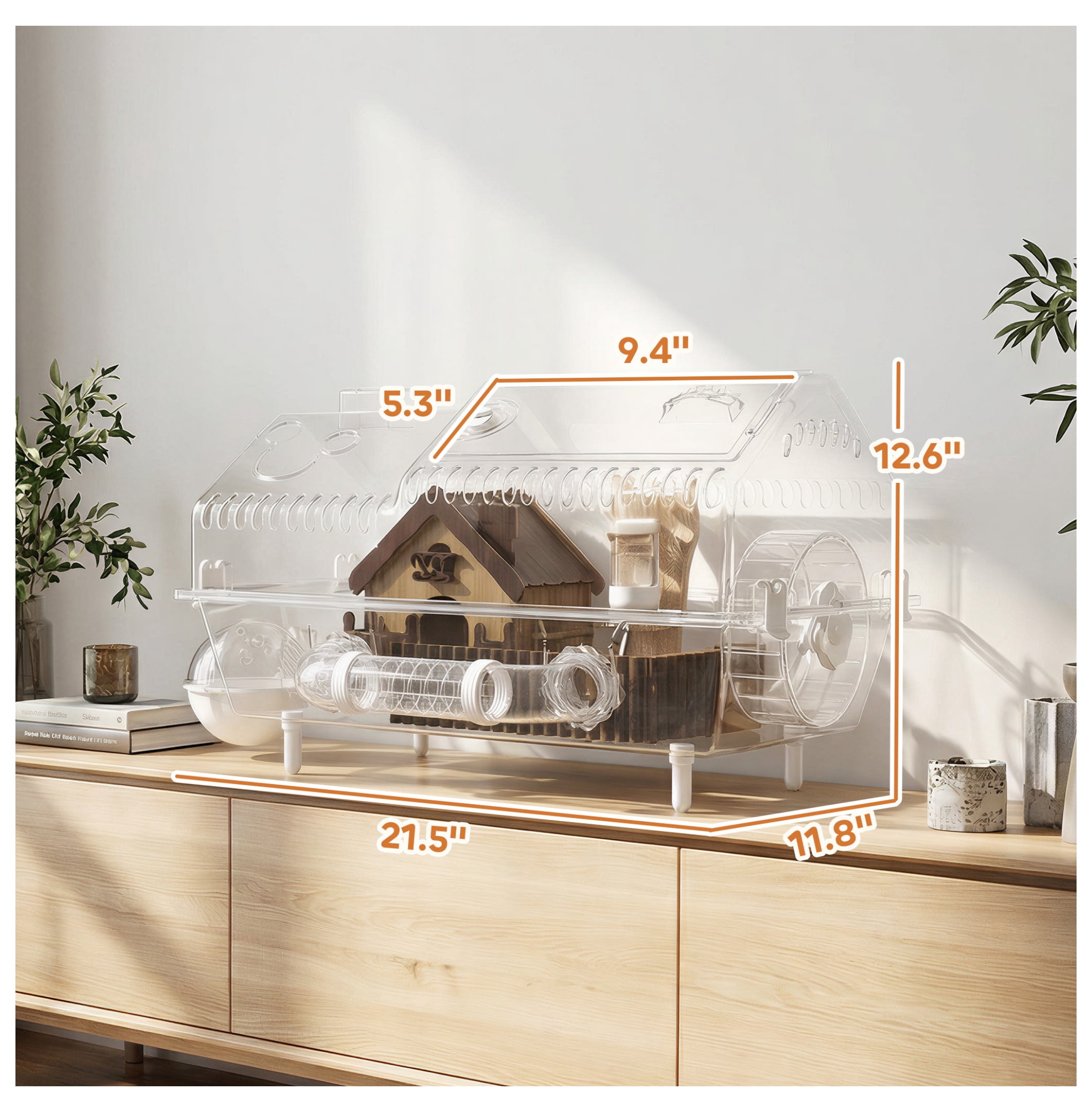 Hamster Cage with Wheel & Hideout, Small Animal Habitat, Clear Pet House, 21.5" x 11.8" x 12.6", Villa Design for Gerbils & Dwarf Hamsters