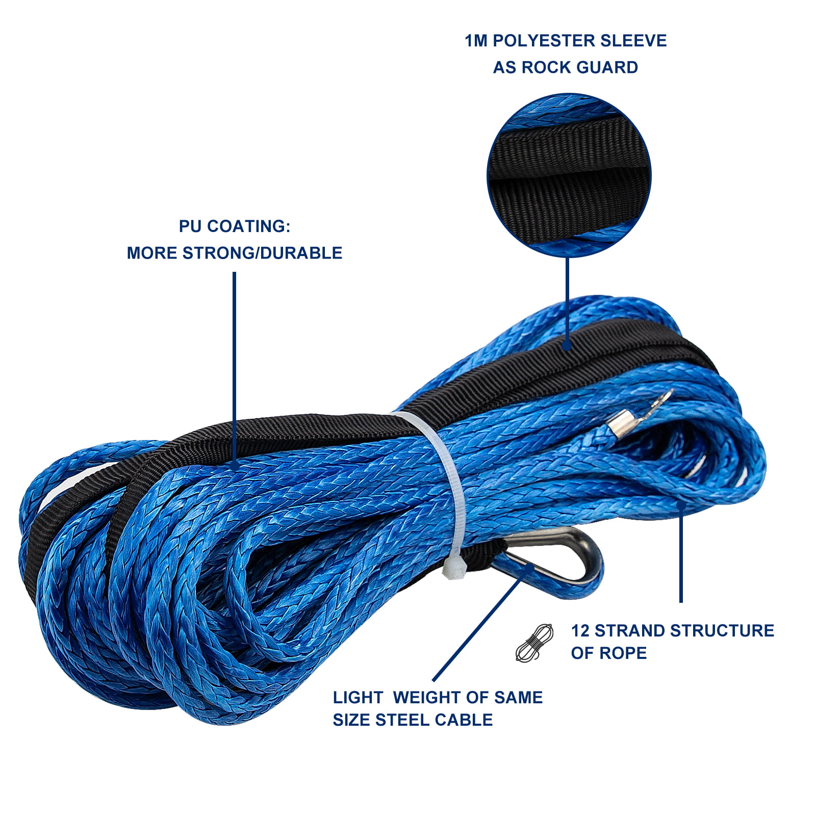 Synthetic Winch Rope Durable 7000 LBS for ATV UTV KFI Vehicle Car Motorcycle 1/4 × 49.2 ft Blue 