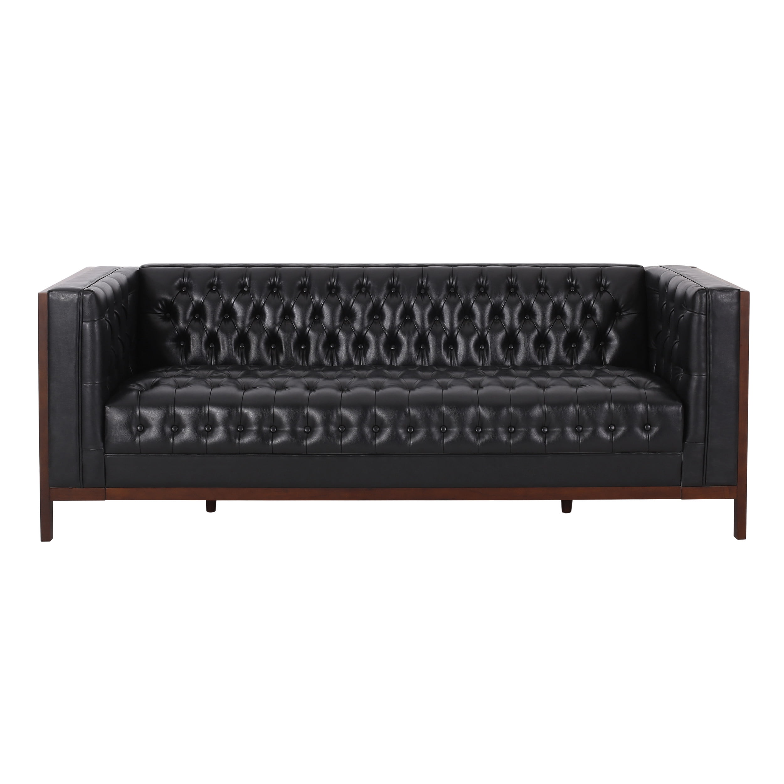 Noble House Tamarisk Sofa, Midnight Black and Espresso Faux Leather